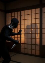 3d ai ai-created ai_art ai_assisted ai_generated arms_around_neck arms_around_partner asian_female assassin black_male candlelight carl_johnson couple couple_(romantic) crossover dark-skinned_male dead_or_alive eastern_and_western_character gangster grand_theft_auto grand_theft_auto:_san_andreas hands_on_waist holding_partner holding_weapon hugging hugging_another interracial kasumi_(doa) koei_tecmo kunoichi light-skinned_female lovers menacing muscular_male night nighttime ninja ninja_gaiden ponytail rockstar_games romantic_ambiance sex_behind_door silhouette silhouette_sex sliding_doors sneaking story straddling straddling_lap team_ninja upright_straddle weapon wowzerspowzers