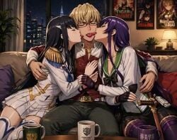 1boy 2girls ai_generated barnaby_brooks_jr. black_hair blonde_hair busujima_saeko grok grok_imagine group_kiss group_kissing highschool_of_the_dead kill_la_kill kiryuuin_satsuki kissing saeko_busujima tagme tiger_and_bunny triple_kiss video