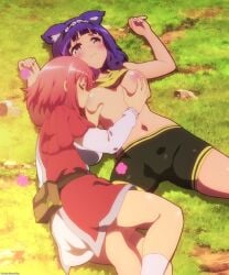 breast_feeding breast_grab breasts_out futoku_no_guild hanabata_nohkins hitamu_kyan official_art on_back pink_hair pleasure_face sucking_breasts sucking_nipples thick_thighs yuri