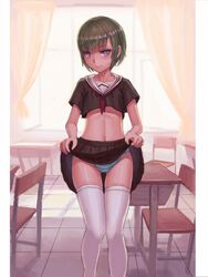 1boy androgynous bulge classroom crossdressing femboy girly heart-shaped_pupils kafkasea navel panties shimapan skirt_lift solo striped_panties thighhighs trap unusual_pupils