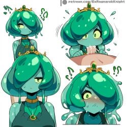 ai_generated angry blowjob breasts ex-ragnarokknight green_skin monster_girl oral_creampie princess queen royalty slime_girl upper_body