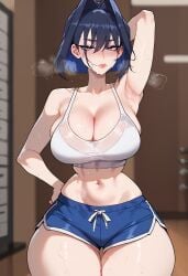 1girls ai_generated bare_arms bare_legs bare_shoulders bare_thighs big_breasts black_hair blue_eyes blush clothed clothing color female female_focus female_only fit_female floppydisc hi_res hololive hololive_english large_breasts light-skinned_female light_skin looking_at_viewer ouro_kronii short_hair solo solo_female sweat tagme thick_thighs virtual_youtuber