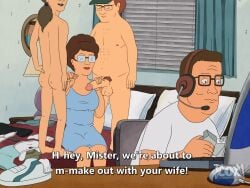 2boys balls blargsnarf brown_hair butt cuckold erection female femle glasses handjob hank_hill king_of_the_hill male naked peggy_hill penis sam_(koth) sneaky_sex straight student_game_developer unaware