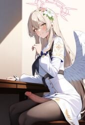 ai_generated blue_archive dress erection finger_to_mouth futanari halo index_finger_raised looking_at_viewer nagisa_(blue_archive) pantyhose precum sitting_on_chair smile wings