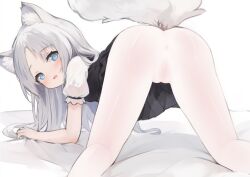 all_fours animal_ear_fluff animal_ears anus ass bed_sheet black_dress blue_eyes blush cameltoe cat_ears cat_girl cat_tail cleft_of_venus clothes_lift commission dress dress_lift feet_out_of_frame female from_behind grey_hair kneepits long_hair looking_at_viewer looking_back on_bed original pantyhose parted_lips puffy_short_sleeves puffy_sleeves pussy sheet_grab shirt short_sleeves solo tail tail_raised thighs wangyq white_pantyhose white_shirt