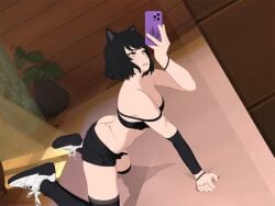 arched_back ass ass_cleavage ass_squeeze athletic_female black_hair black_shorts blake_belladonna booty_shorts bra bra_strap butt_crack cat_ears cat_girl feet_up jean_shorts legs_up necromalock punk punk_girl rwby selfie short_hair tagme yellow_eyes