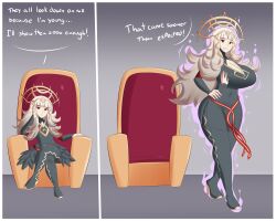 1girls 2koma aged_up alternate_body_type alternate_breast_size bodysuit breasts cleavage cleavage_cutout english_text female fire_emblem fire_emblem_heroes grin high_heel_boots high_heels huge_breasts jcdr large_breasts long_hair navel nintendo open_mouth red_eyes sitting sitting_on_chair smile solo text thick_thighs throne transformation veronica_(fire_emblem) white_hair