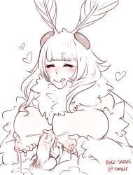 1boy 1girls antennae big_breasts cum_on_breasts female gyarusatan heart huge_breasts lactation licking_lips missing_tags moth moth_girl paizuri squeezing_breast the_mothest