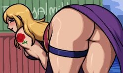 1girls arm_tattoo ass_focus bent_over big_ass big_breasts blonde_hair blue_eyes blush bonne_jenet bottomless busty come_hither dress fat_ass fatal_fury garou:_mark_of_the_wolves king_of_fighters large_breasts legs lipstick looking_at_viewer looking_back no_underwear royalmilk20 sensual snk thick_thighs thighs voluptuous