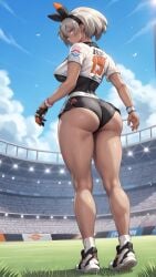 1girls ai_generated ass ass ass_focus back back_view bare_arms bare_legs bare_thighs bea_(pokemon) big_ass big_breasts big_butt clothed clothing color dark-skinned_female dark_skin female female_focus female_only game_freak grey_eyes grey_hair gym_leader hi_res large_breasts looking_at_viewer nintendo pokemon pokemon_ss pokemon_trainer short_hair solo solo_female tagme thick_thighs waifulickerr