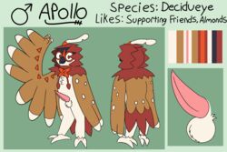 1boy 2019 absurd_res alternate_color apollo_(otterjunk) avian beak bird decidueye erection hi_res male male_only model_sheet nintendo no_humans no_nipples nude original_character otterjunk owl penis pokémon_(species) pokemon pokemon_sm red_eyes testicles text video_games wings