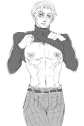 1boy adsword diamond_is_unbreakable exposing_chest feminine_male heart_nipples jojo's_bizarre_adventure kosaku_kawajiri lifting_shirt looking_at_viewer looking_embarrased male male_breasts male_only monochrome name_on_body solo submissive_male writing_on_body writing_on_breasts yoshikage_kira