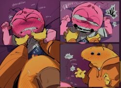 breathplay cartoony charlie_(smiling_friends) choking cumming_in_clothes drooling flushed_face male male_only pim_(smiling_friends) pussylugubrious size_difference smiling_friends tears yaoi