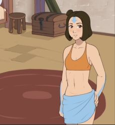 1girls 2d air_nomad airbender_tattoo avatar_legends avatar_the_last_airbender bikini_top_only female female_only four_elements_trainer game_cg human jinora mity solo the_legend_of_korra towel_around_waist