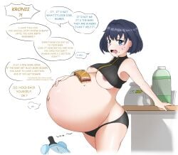 1girls areolae belly big_belly big_breasts blue_eyes breasts dialogue female food hololive hololive_english hololive_english_-council- huge_belly milkfrommilking offscreen_character ouro_kronii panties pregnancy_cravings pregnant text underboob virtual_youtuber vtuber