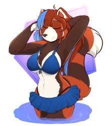 anthro bikini bottomwear breasts chest_tuft female furry infinitedge infinitedge2u markings red_panda ringed_tail skirt solo striped_tail swimwear tail water