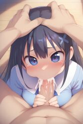 ai_generated blue_hair censored cum_in_mouth fellatio hi_res high_resolution highres naganohara_yoshino nichijou oral pushing_down