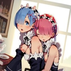 ai_generated closed_eyes implied_fingering incest incest_(lore) maid ram_(re:zero) re:zero_kara_hajimeru_isekai_seikatsu realstuntman rem_(re:zero) sisters squeezing_breast surprised yuri