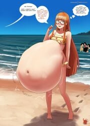 2020 4girls atlus bangs beach belly big_belly bikini blush clothed clothing detailed_background exhibitionism female glasses hiccuping huge_belly large_belly light_skin long_hair metalforever mostly_nude orange_hair outdoors outside persona persona_5 petite sakura_futaba same_size_vore sand slender_legs small_breasts solo_focus speech_bubble straight_hair sweatdrop swimsuit tagme vore water