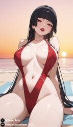 ai_generated alternate_body_type beach black_hair cleavage covered_nipples covered_pussy gate_-_jieitai_ka_no_chi_nite_kaku_tatakaeri gumi_arts large_breasts looking_at_viewer naughty_face navel outdoors red_eyes red_lipstick rory_mercury sitting stable_diffusion swimsuit wet