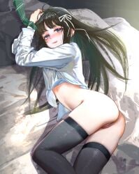 absurdres ahoge ass awa_subaru black_hair black_thighhighs blush bottomless bound bound_wrists c1718259 commentary_request female girls_band_cry green_necktie hair_ribbon highres long_hair long_sleeves looking_at_viewer necktie oerba_yun_fang open_mouth parted_bangs partial_commentary pussy ribbon shirt sidelocks skindentation solo sweatdrop teeth thighhighs upper_teeth_only variant_set white_ribbon white_shirt