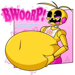 1girls animatronic animatronic_female big_belly burp chicken fat_woman female five_nights_at_freddy's five_nights_at_freddy's_2 holding_stomach obese obese_female onomatopoeia overweight overweight_female robot scottgames stuffed_belly toy_chica_(fnaf) windturbine09