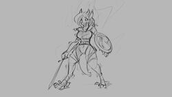 16:9 2018 anthro big_breasts breasts clothing digitigrade dragon female grey_background hair horn melee_weapon monochrome navel open_mouth pussy shield simple_background solo standing surprise sword tail torn_clothing transformation watsup weapon