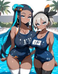 2girls ai_generated bare_arms bare_legs bare_shoulders bare_thighs bea_(pokemon) big_breasts black_hair blue_eyes clothed clothing color dark-skinned_female dark_skin female female_focus female_only game_freak grey_hair gym_leader hi_res large_breasts long_hair looking_at_viewer nessa_(pokemon) nintendo nipples_visible_through_clothing one_piece_swimsuit pokemon pokemon_ss pokemon_trainer pool short_hair solo_female swimsuit tagme thick_thighs tomboy wesker_ai