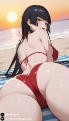 ai_generated alternate_body_type ass ass_focus beach bikini black_hair covered_pussy from_behind gate_-_jieitai_ka_no_chi_nite_kaku_tatakaeri gumi_arts large_breasts looking_back naughty_face on_stomach outdoors red_eyes red_lipstick rory_mercury stable_diffusion