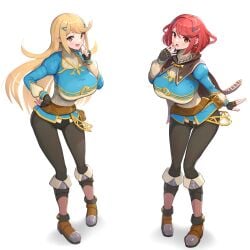 2girls big_breasts breath_of_the_wild cosplay gonzarez long_hair looking_at_viewer mythra princess_zelda_(cosplay) pyra short_hair simple_background tears_of_the_kingdom the_legend_of_zelda white_background xenoblade_(series) xenoblade_chronicles_2