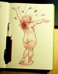 ass barefoot chubby elin_(slartzee) facing_away female non_sexual nonsexual_nudity nudity singing sketch slartzee