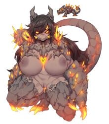 animal armor black_hair black_sclera breasts breasts_apart claws colored_sclera colored_skin drakomire drakomire_(terraria) english_commentary female full_body glowing glowing_eyes grey_skin hair_between_eyes highres horns huge_breasts long_hair looking_at_viewer monster_girl multi_eye navel nipples nyong_nyong orange_eyes personification pixel_art pussy pussy_juice reference_inset scales scar scar_across_nose scar_on_face scar_on_nose squatting tail terraria uncensored unusual_bodily_fluids unusual_genital_fluids very_long_hair white_background