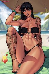 1girls abs absurdres anklet areolae arm_support arm_tattoo artist_name bangs barefoot beach_towel beach_umbrella big_lips bikini bikini_bottom bikini_top black_hair black_nails blush bracelet breasts brown_eyes chel clothed clouds cocktail collarbone dark-skinned_female dark_skin dreamworks earrings feet female female_only goth_chel hair_between_eyes hourglass_figure human jewelry large_breasts leg_tattoo long_hair looking_at_viewer lots_of_tattoos mountains nail_polish navel palm_tree parted_lips rabbitslides sand seaside shoulder_tattoo side-tie_bikini sitting sky solo tattoo tattoo_sleeve the_road_to_el_dorado thick_thighs toenail_polish toes toned toned_female tree umbrella underboob wide_hips