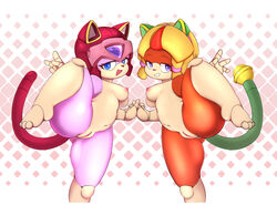 2018 2girls anthro breasts brown_fur curvaceous domestic_cat duo felid feline female female_only francine_manx fur furry furry_only gesture helmet hi_res looking_at_viewer mammal nipples nude open_mouth pink_fur polly_esther pururing pussy samurai_pizza_cats short_hair shortstack slightly_chubby smile spread_legs spreading tail thick_thighs v_sign wide_hips