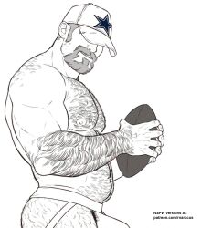 1boy american_football bara baseball_cap beefy belly black_and_white body_hair bulge coach facial_hair goatee grey_hair hairy_male hat human jockstrap male male_nipples male_only male_pubic_hair manly mature_male musclegut muscles muscular_male mustache no_visible_genitalia older_male pecs penis_bulge rnarccus sideburns