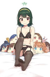 1girls bra breasts brown_eyes cleavage clothing feet female green_hair hairband highres idolmaster idolmaster_(classic) lingerie looking_at_viewer otonashi_kotori panties pussy see-through sheer_legwear short_hair smile soles thighhighs toes underwear