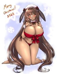 1girls blush brown_hair bunny_ears christmas cleavage dark-skinned_female dark_skin female_only goddess_of_victory:_nikke huge_breasts long_hair noir_(nikke) open open_mouth orange_eyes panties ribbon santa_hat simple_background thick_thighs wide_hips