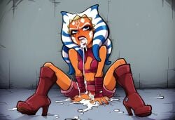 1girls after_deepthroat after_fellatio after_oral after_sex after_throatpie ahsoka_tano ai_generated angry angry_face cleavage cum cum_drip cum_in_mouth cum_on_floor cum_on_lower_body cum_out_throat cute female fully_clothed high_heel_boots high_heels oral petite pony_diffusion_xl pornenjoyer333 skinny slim solo sparrow_(artist) sparrow_(artist_style) star_wars togruta