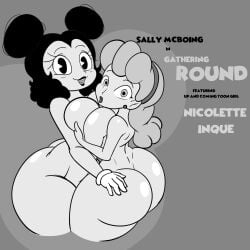 2girls big_ass big_breasts black_and_white looking_at_viewer looking_back monochrome nicolette_inque rubberhose sally_mcboing smiling_at_viewer text toon toony zebunnyparadise
