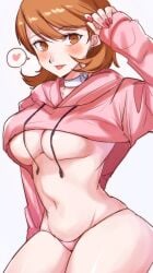 1girls :p blush blushing_at_viewer breasts cropped_hoodie female heart panties persona persona_3 solo_female tagme underboob yukari_takeba yuyuy_00