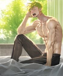 bedroom detailed detailed_background earrings green_hair male male_only morning morning_after muscular muscular_male nori31291404 one_piece pre-timeskip roronoa_zoro scar sitting solo topless topless_male yawn