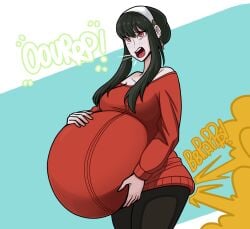 1girls big_belly black_hair bloated_belly blush both_ends burp burping clothed clothing color cradling earrings fart female female_only gassy holding_belly lolotron6 long_hair red_eyes spy_x_family stuffed_belly text yor_briar yor_forger