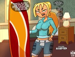 1girls angry_face big_ass big_boobs big_breasts big_butt big_tits bridgette_(tdi) dialogue dialogue_bubble female gwen_(tdi) hand_on_hip huge_boobs huge_breasts huge_tits panties shorts sr_r18nsfw surfboard text text_bubble thong total_drama_island wide_hips wide_thighs