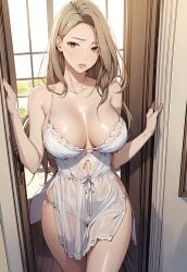 ai_generated alex-schura alex_schura big_breasts blonde_hair curvaceous curvaceous_body curvaceous_female curvaceous_figure curvy curvy_body curvy_female curvy_figure door_open hi_res looking_at_viewer manhwa mia_(secret_class) outside_view secret_class see-through_lingerie stable_diffusion sunlight table white_lingerie white_panties window