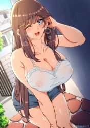 aibanwork armpit_crease big_breasts blue_eyes brown_hair camisole cleavage collarbone ear eyebrows eyelashes hair_behind_ear hair_ornament hairclip light-skinned_female long_hair open_mouth see-through_clothing see-through_top shorts sweat sweating sweaty_body