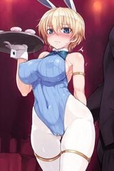 blonde_hair blush bunny_ears bunnysuit clothing erect_nipples erect_nipples_under_clothes large_breasts leotard nikka_edvardine_katajainen null_(nyanpyoun) pantyhose short_hair strike_witches very_short_hair