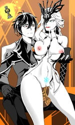 1girls asian_male asian_male_white_female belly_bulge big_breasts big_penis black_hair blue_eyes clothed_male clothed_male_nude_female cryo_symbol_(genshin_impact) deaf_(artist) detailed_background elbow_gloves exposed_breasts female female_penetrated genshin_impact geo_symbol_(genshin_impact) hoyoverse large_insertion light-skinned_female light-skinned_male light_skin lipstick mask mihoyo nude_female partially_colored signora_(genshin_impact) sitting_on_lap smirk straight suit tall_female taller_male tattoo thick_thighs vaginal_penetration white_hair yellow_eyes zhongli_(genshin_impact)