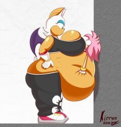 2girls amy_rose anthro ass bat bat_humanoid bat_wings belly blue_eyes blue_eyeshadow bracelet breasts fat female female_focus female_only furry gloves grabbing_belly hedgehog hedgehog_humanoid hips large_ass large_belly large_breasts overweight overweight_female pink_fur pink_hair pressed_against pressed_against_wall rouge_the_bat rouge_the_bat_(olympic_games) sega smotrilla sonic_(series) sonic_riders sonic_the_hedgehog_(series) sports_bra stomach thick_thighs thighs weight_gain white_hair wide_hips wings