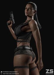 1girls 3d 3d_model 3d_render 3dcg belt big_breasts big_butt big_lips blender_(software) blender_cycles brown_eyes brown_hair brunette_hair earrings female female_only gun human lara_croft looking_at_viewer looking_back pistol ponytail shorts solo sweat sweatdrop sweating sweaty sweaty_body sweaty_butt tactical_gear tactical_vest tank_top tomb_raider zodros