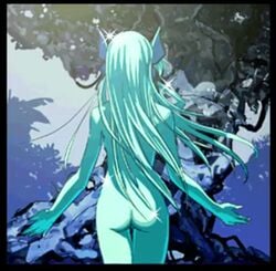 ass butterfly_hair_ornament female king_of_fighters king_of_fighters_maximum_impact long_hair lowres luise_meyrink nude on_back pale-skinned_female pale_skin silver_hair snk thighs tree